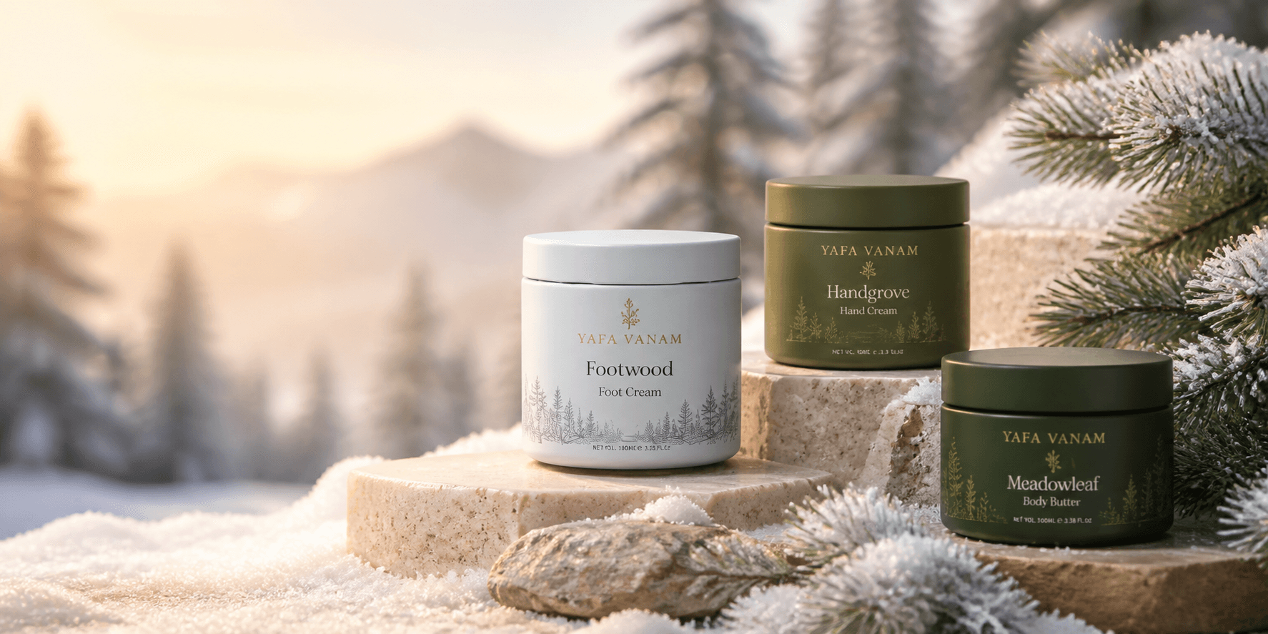 YAFA VANAM body-care collection in a soft winter landscape
