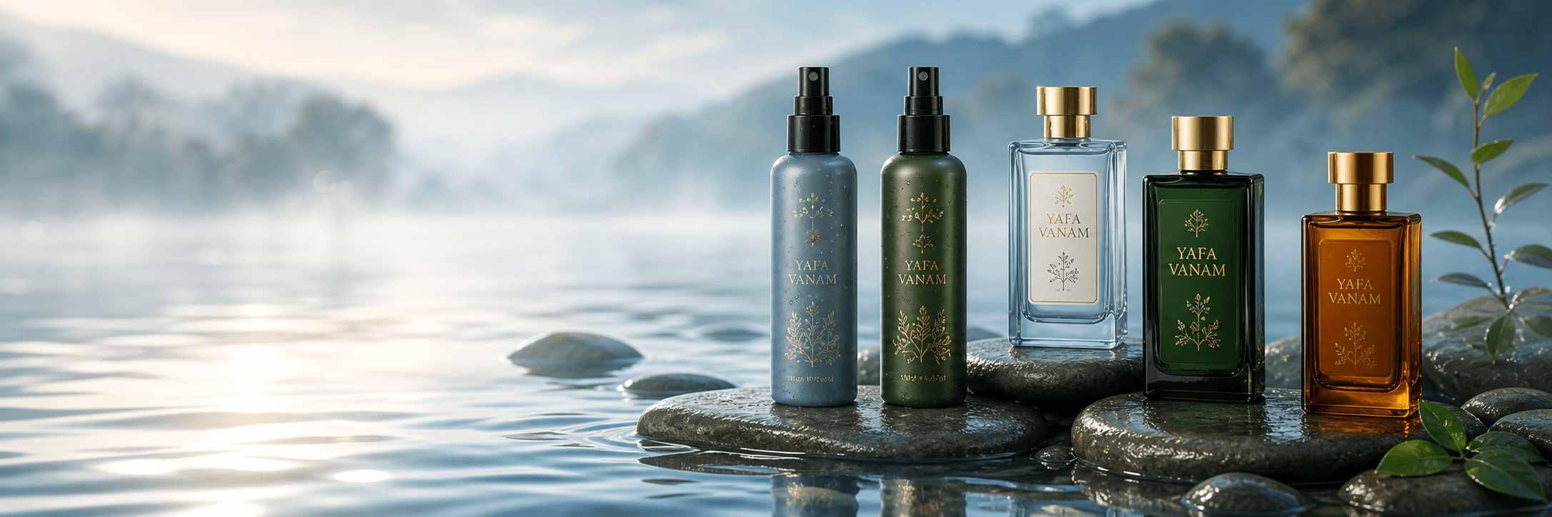 YAFA VANAM fragrance collection in a lakeside botanical setting