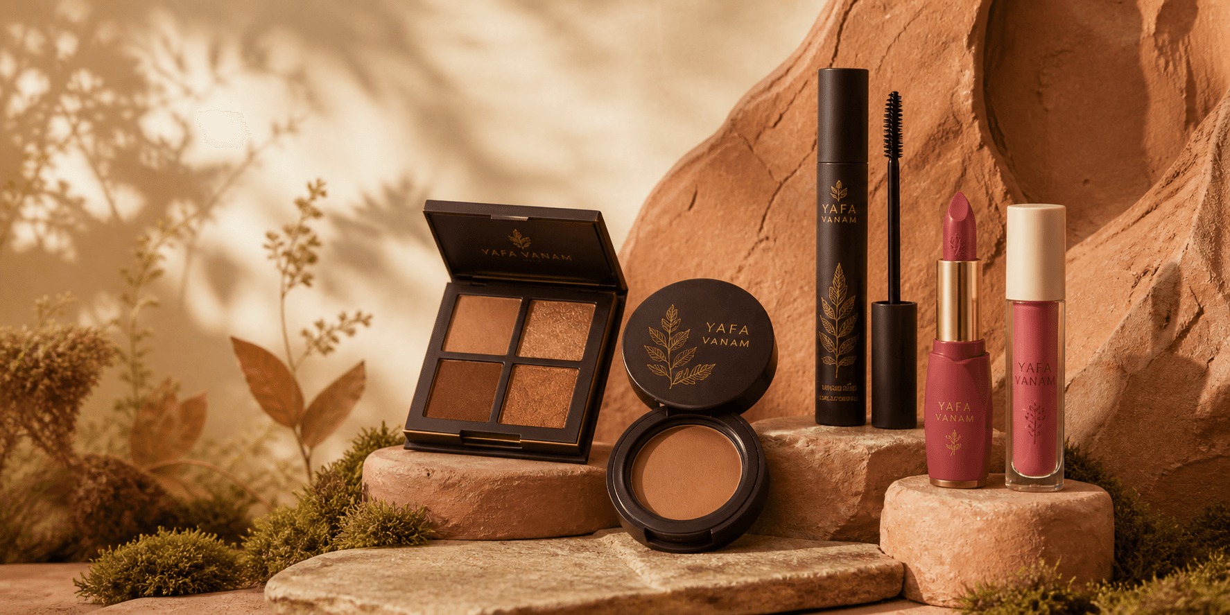 YAFA VANAM makeup collection against an earthy botanical backdrop