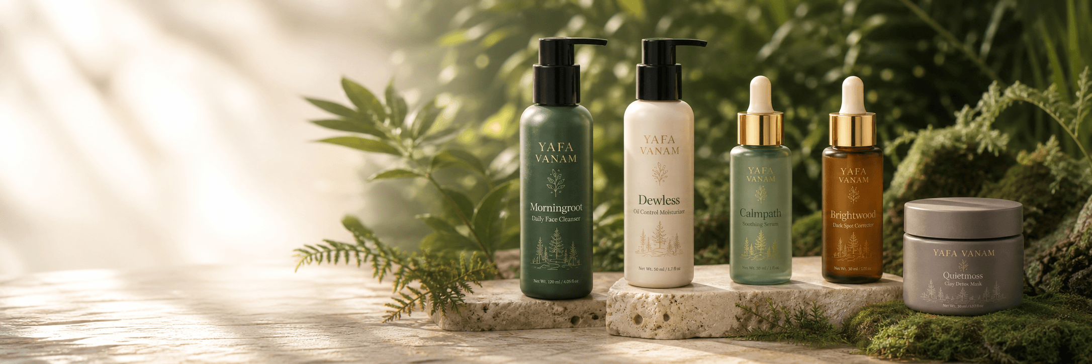 YAFA VANAM skincare collection in a sunlit botanical garden
