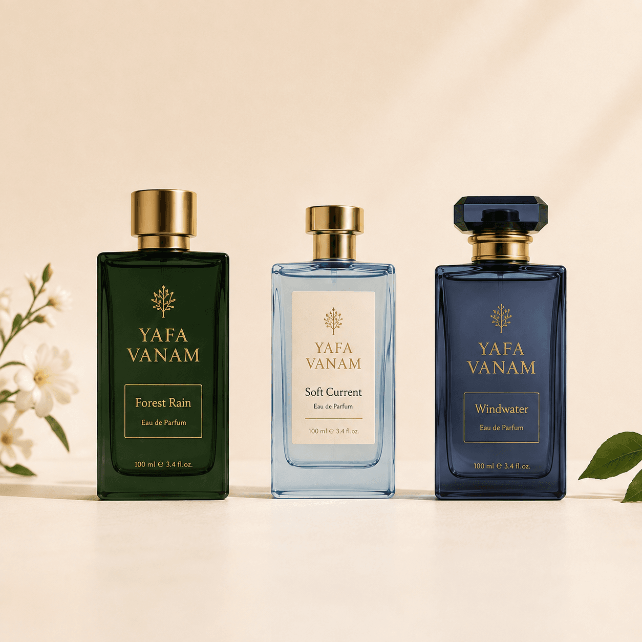 Three YAFA VANAM fragrance bottles in Forest Rain, Soft Current and Windwater