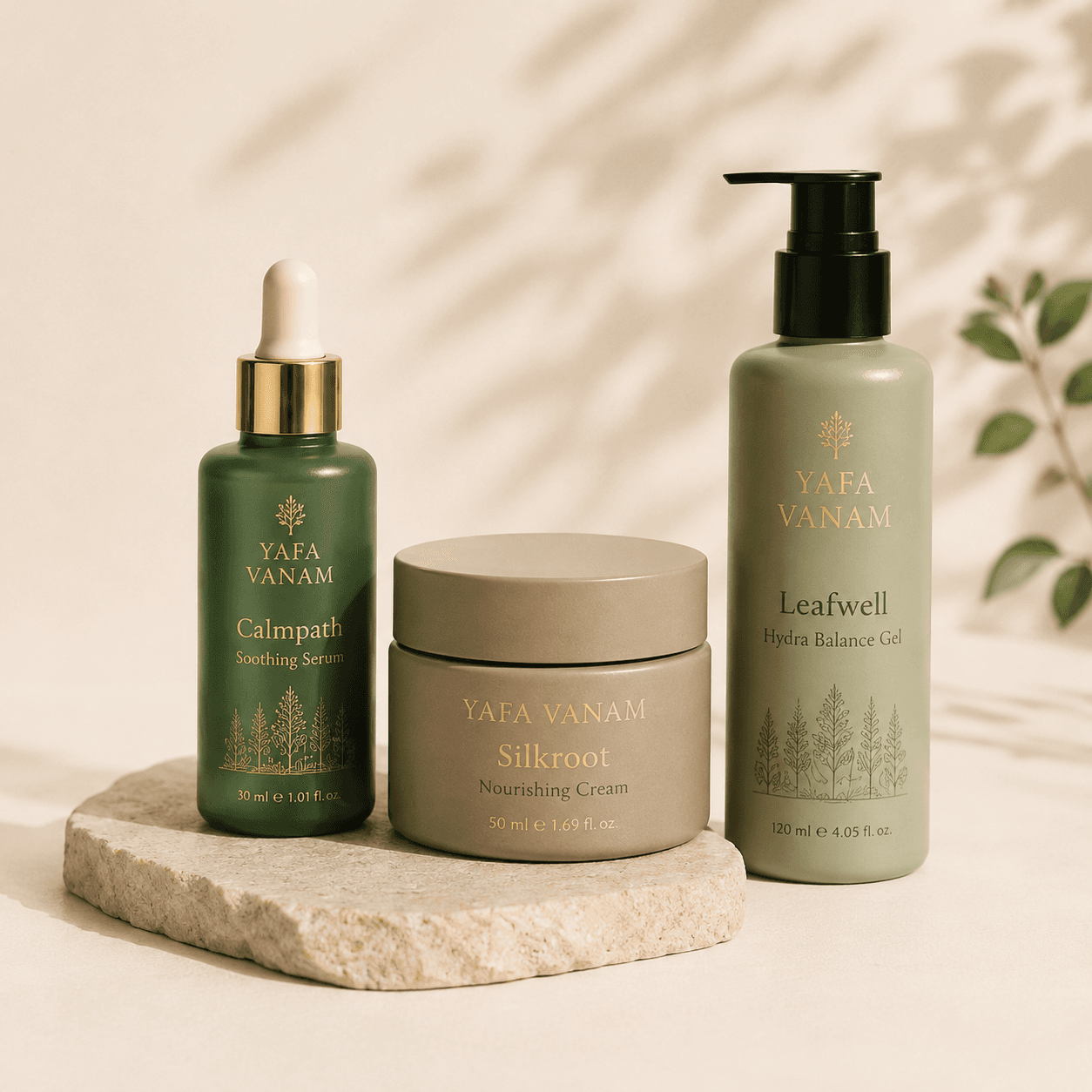 Calmpath serum, Silkroot cream and Leafwell gel from YAFA VANAM