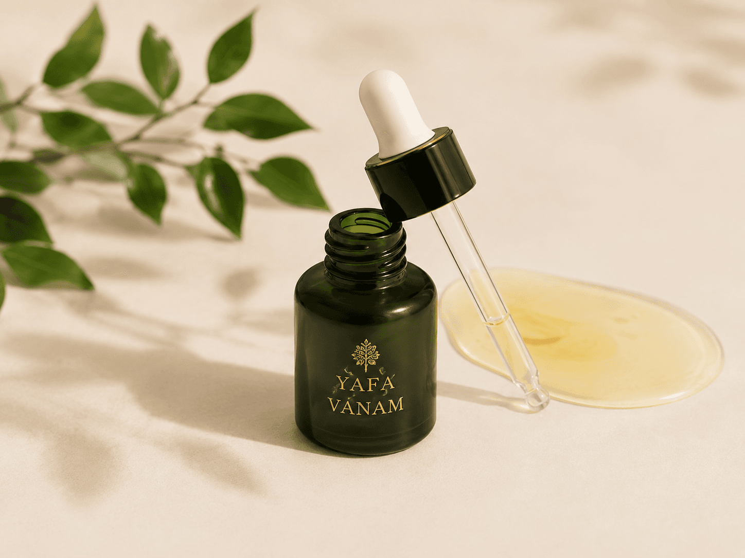 YAFA VANAM botanical serum with a dropper and golden serum texture
